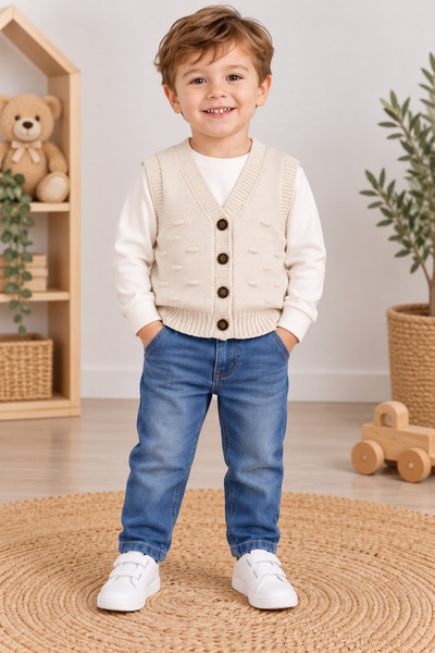 Mercan Kids Erkek Çocuk Örgü Yelek Fasulye Desen