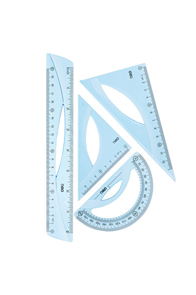 Deli Set de geometrie 4 piese albastru transparent (riglă 20cm, 2 echeri, rap...