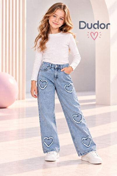 DUDOR KİDS KIZ ÇOCUK KALPLİ ESKİTMELİ MAVİ KOT PANTOLON (JEANS-DENİM)-BAYRAMLIK