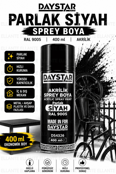 ellante Parlak Siyah Akrilik Sprey Boya RAL 9005 400 ml Hızlı Kuruyan Yüksek ...