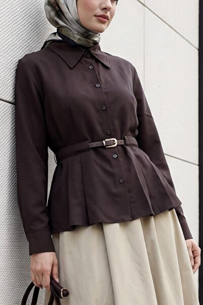 Modamorfo Belt Detailed Pleated Long Sleeve Shirt - Dark Brown