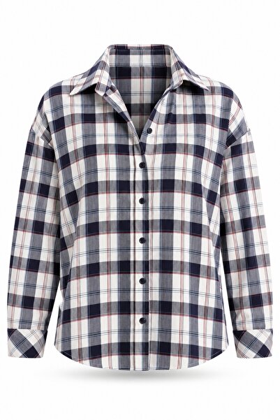 5in1Canpolat Navy Blue Plaid Shirt with Button Detail on the Back 19176