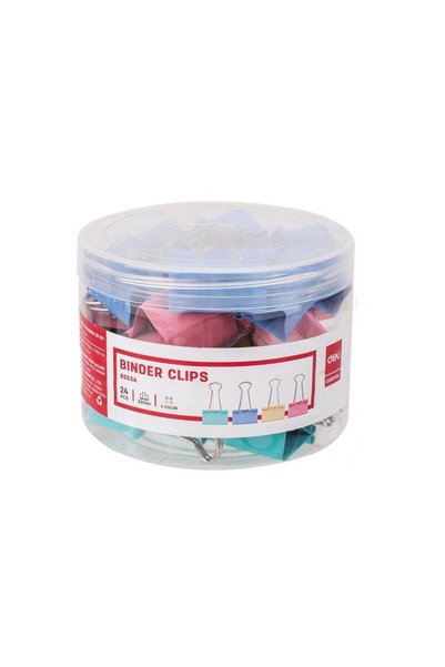 Deli Щипки за папки 32 мм, цветни, 24 броя, пластмасова кутия Deli