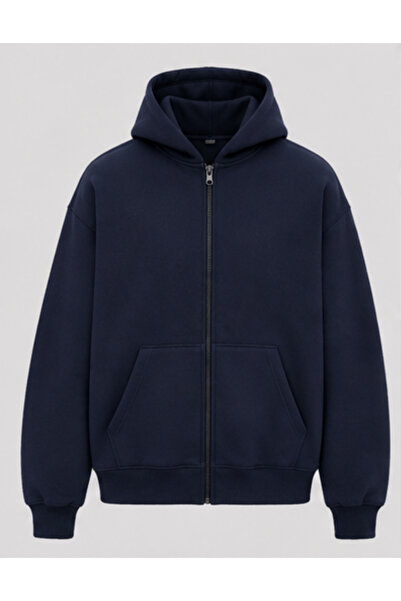 DEEPSENCE Erkek Lacivert Kışlık Kapişonlu Fermuarlı Sweatshirt İçi Polarlı Ceket