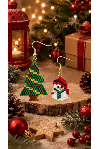 SEARD Miyuki Beads Handmade Tiny Snowman and Pine Tree Earrings New Year Christmas Noel