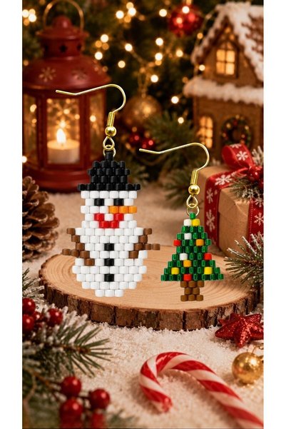 SEARD Miyuki Beads Handmade Tiny Pine Tree and Snowman Earrings New Year Christmas Noel