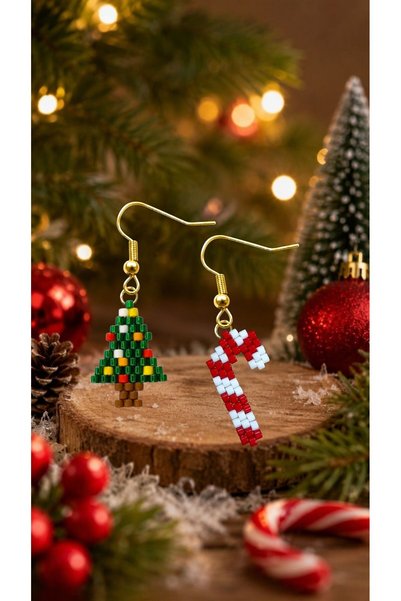 SEARD Miyuki Beads Handmade Candy Cane and Tiny Pine Tree Earrings New Year Christmas Noel