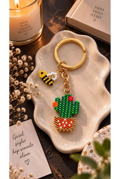 SEARD Miyuki Beads Handmade Orange Floral Cactus and Bee Keychain/Bag Ornament