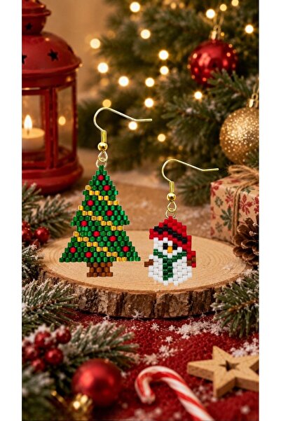 SEARD Miyuki Beads Handmade Tiny Snowman and Pine Tree Earrings New Year Christmas Noel