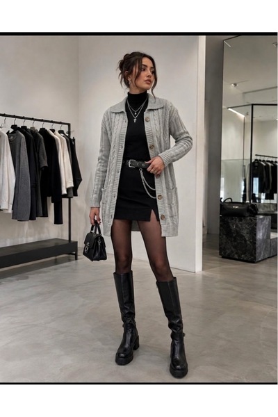 rushana Women's Shirt Collar Buttoned Pocket Long Knitwear Cardigan Soft Texture