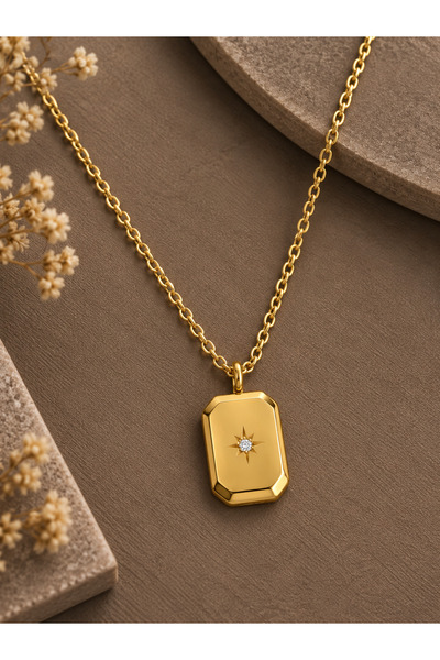 serelya Steel Chain Gold Color Minimal Pole Star Model Women's Necklace