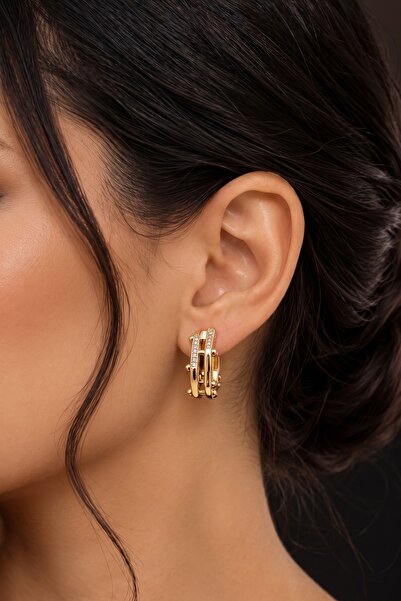 Geometrik Zirkon Taşlı Gold Halka Küpe – Altın Renk, Kararmaz