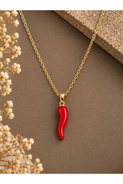 serelya 316L Steel Gold Color Chain Red Capa Pepper Model Women's Necklace