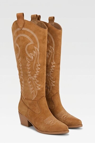 DefHeel'e Embroidered Zipper Detailed Western Long Women's Cowboy Boots Brown