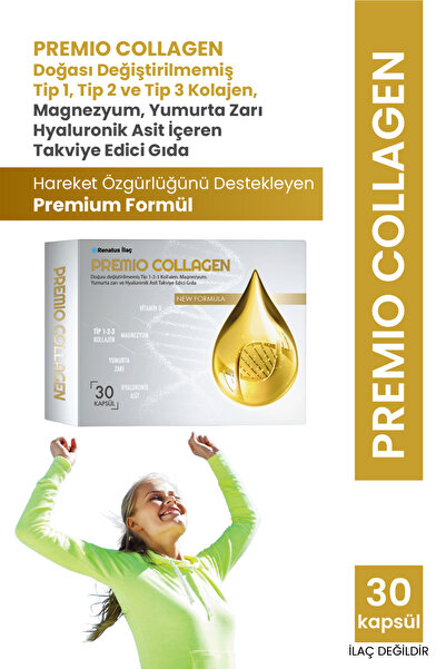 Premio Collagen Doğası Değiştirilmemiş Tip 1-2-3 Kolajen, Magnezyum, Yumurta Zarı ve Hyaluronik Asit İçeren Takviye Edici Gıda - 30 Kapsül