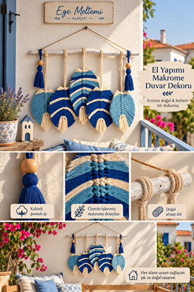 Alaçatı Stili Balkon Dekoru El Yapımı Makrome Duvar Süsü Yapraklar