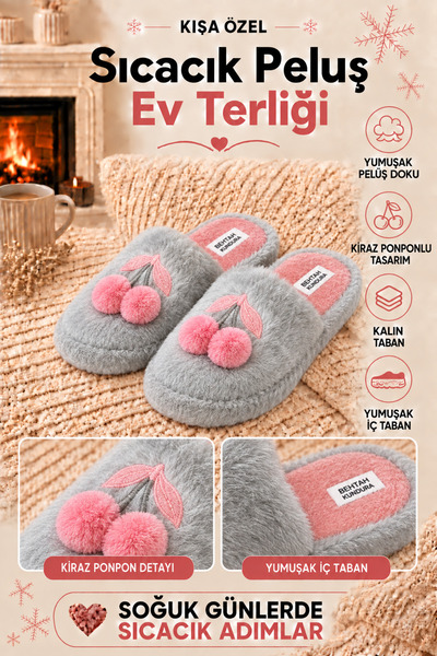 Behtah Kundura Fluffy Cherry Figured Slippers Women's Home Slippers Furry Sli...