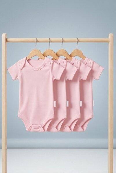 4'li Pamuklu Kız Erkek Çıtçıtlı Pembe Yarım Kol Bebek Body Zıbın