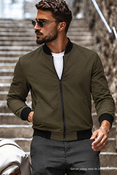comstar Men's Fit Nubuck Bomber College Collar Khaki Jacket