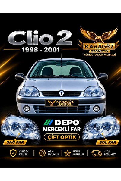 Depo Renault Clio 2 Mercekli Far Sağ ve Sol Taraf (Çift Optik) HB - Depo Marka
