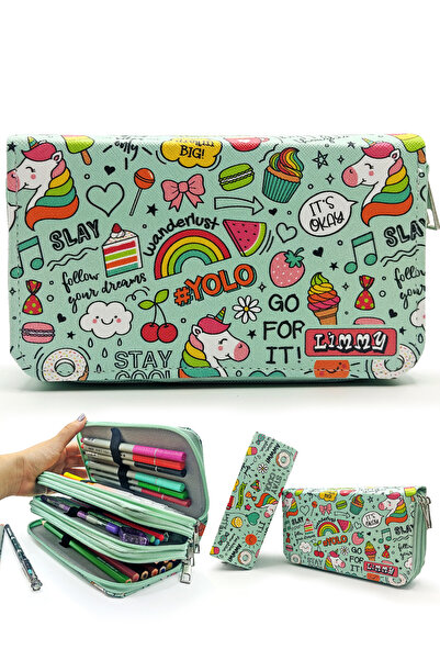 Limmy Pencil Case Unicorn Patterned Green Kawai Organizer Pencil Case Vegan L...