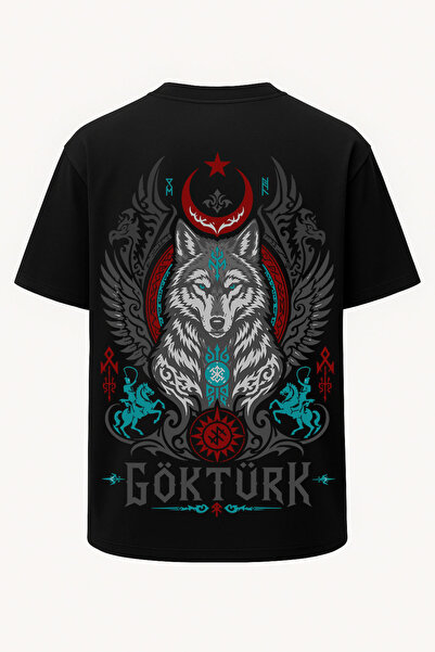 nirvoda Oversize Guardian of the Sky - Bozkurt T-Shirt with Göktürk Lettering and Bozkurt Print - Large Print on Front and Back - Wide Cut