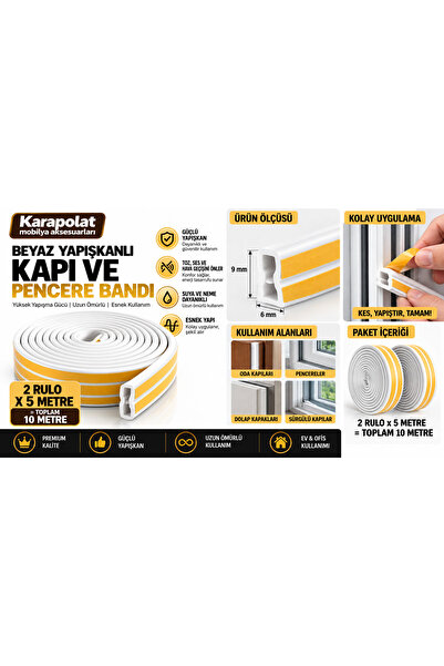 KARAPOLAT Yapışkanlı Kapı Pencere Bandı Fitili Beyaz 5x2=10 Metre | Isı, Soğu...
