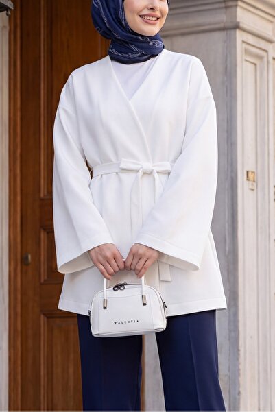 Modamorfo Beli Belted V-Neck Scuba Kimono -White