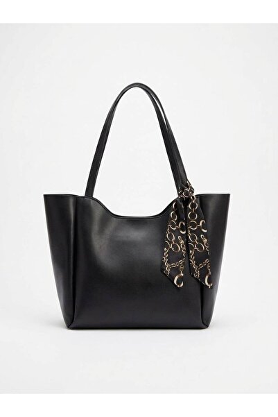 Siyah Şık Kadın Omuz Çantası-Desenli Fular Hediyeli Shopper Çanta- PARİS MODEL