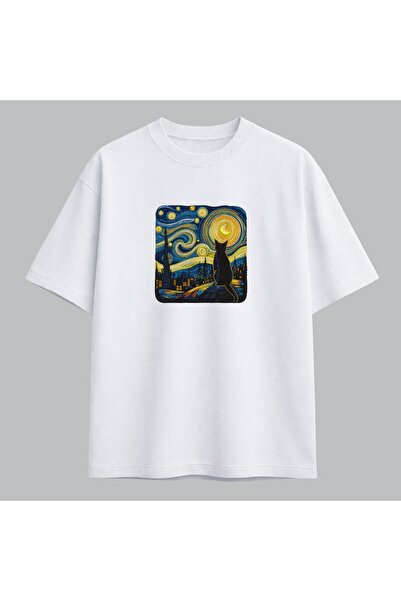 KEYFHOME Van Gogh Starry Night and Cat Embroidered T-Shirt Unisex 100% Cotton