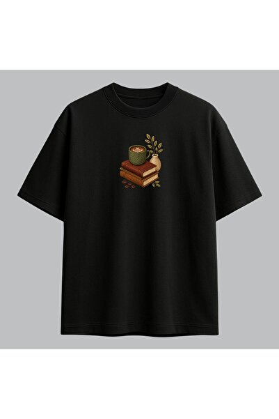 KEYFHOME Tricou unisex cu broderie cu design de cafea și carte 100% bumbac