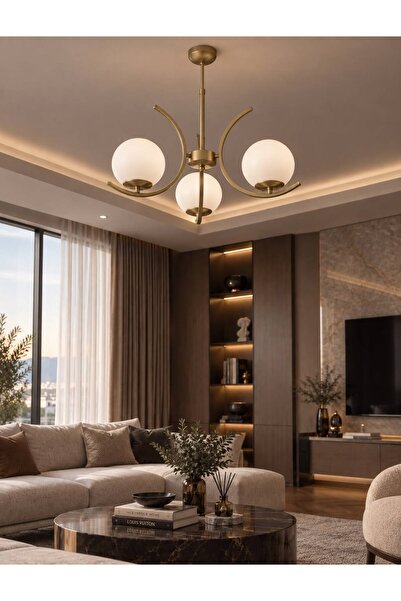 avimonaydınlatma 3'LÜ BEYAZ GLOB CAMLI ESKİTME MODERN SARKIT AVİZE OTURMA ODA...