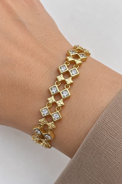 Leo'Stone Gold Color Square Stone Detailed Geometric Patterned Women's Steel Bracelet Does Not Tarnish and Does Not Lose Color