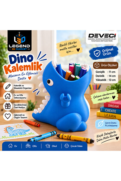 🦖 Sevimli Dinozor Tasarımlı Kalemlik – Çocuklar İçin Eğlenceli Masaüstü Organizer Mavi