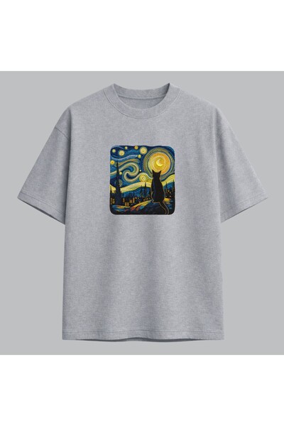 KEYFHOME Van Gogh Starry Night και Cat Κεντημένο T-Shirt Unisex 100% Βαμβάκι