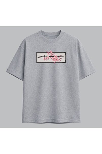 KEYFHOME Tricou unisex cu broderie artă japoneză Katana și Sakura 100% bumbac