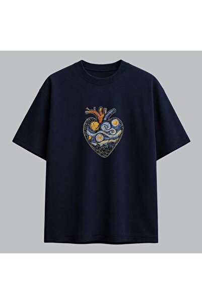 KEYFHOME Tricou unisex cu broderie inima Van Gogh Noapte înstelată 100% bumbac