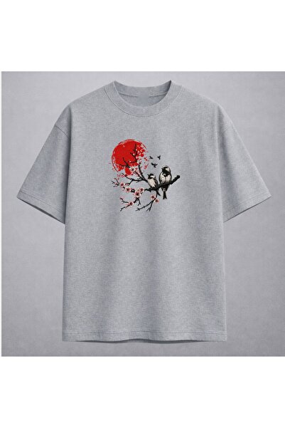 KEYFHOME Μπλουζάκι με κέντημα ιαπωνικής τέχνης Red Sun Sakura and Birds Unise...