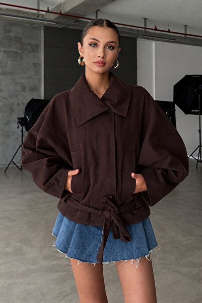 NET OF NOT ZR Model Kahve Dik Yaka Gabardin Kumaş Oversize Kadın Trençkot Ceket