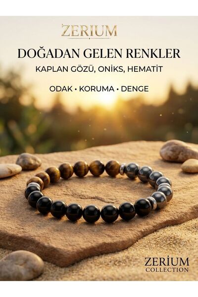 ZERİUM Real Natural Stone Bracelet Courage - Focus and Strength Tiger's Eye Hematite and Onyx Stone