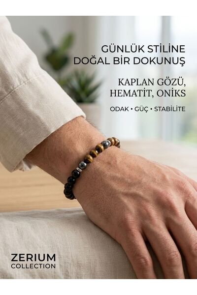 ZERİUM Real Natural Stone Bracelet Courage - Focus and Strength Tiger's Eye Hematite and Onyx Stone