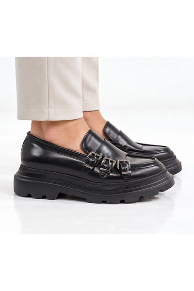Oneka Shoes Erkek Günlük Loafer üç tokalı Siyah mat rugan 150926ELÜTSR1245