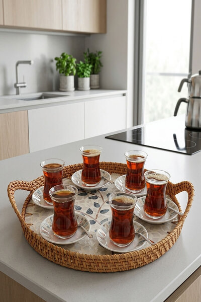 İSKA HEDİYELİK Doğal Hasır Rattan Kulplu Detaylı Yaprak Desenli Yuvarlak Deko...