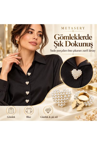 MetaSery Yeni Trend (2 Li Paket ) İnci Görünümlü Kalp Düğme Broş, Gold Detayl...