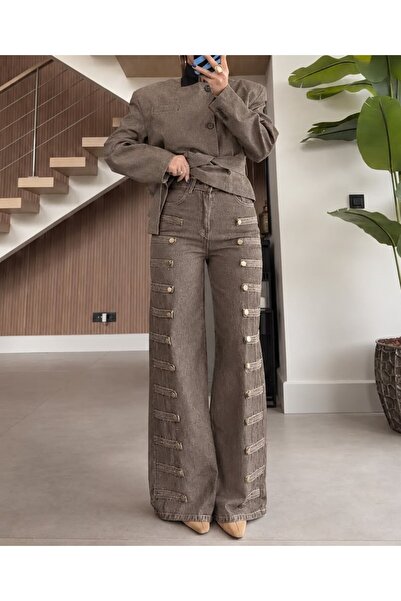 My Blog Brown Napoleon Button Detailed Wide Leg Trousers - 1113