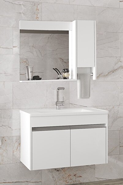 Alfa Banyo Visente Okyanus 80 cm Aynalı Lavabolu MDF Banyo Dolabı Setii Beyaz...