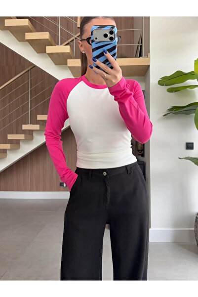 My Blog Pink Slim Fit Contrast Long Sleeve Blouse - 5219