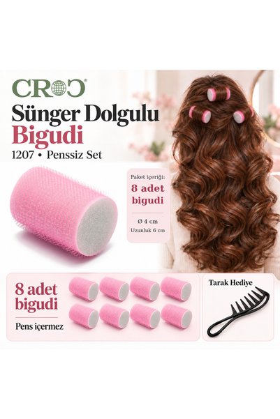 Croc 1207 Pembe Cırtlı Sünger Bigudi 8Li Çap 4Cm - Saç Bigudisi