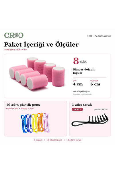 Croc Pembe Cırtlı Sünger Bigudi 8li Çap 4cm Yapışkanlı Saç Bigudisi (10lu Saç Pensli) (1207P)