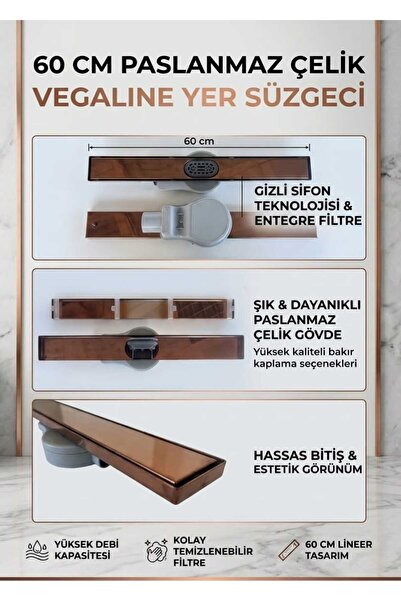 V VEGALINE Vegaline Banyo Duş Kanalı 60 CM Rose Gold Yer Süzgeci